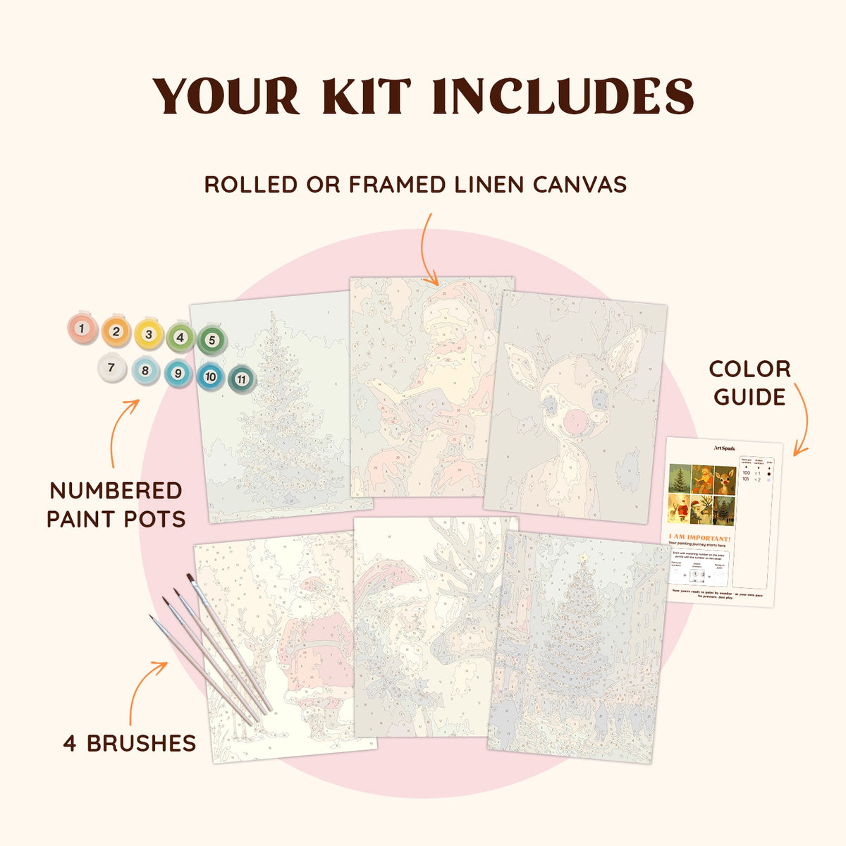 Santa Story paint by numbers kit by Artspark including brushes, paint pots, color guide, and six Christmas-themed canvases.