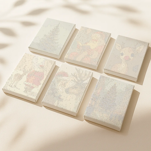 Santa Story paint by numbers set of 6 numbered canvases by Artspark, featuring reindeer, Santa, and Christmas scenes ready to be painted.