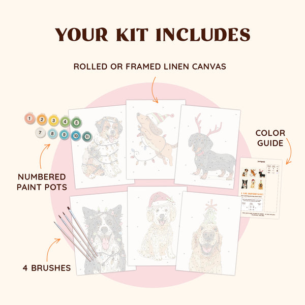 Artspark Santa Tails paint by numbers kit with brushes, numbered paints, and color guide — adorable Christmas dog art set perfect for pet lovers and holiday decor.