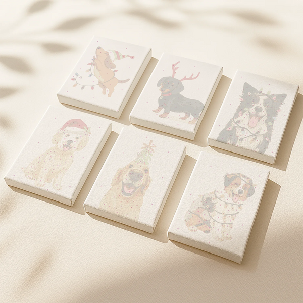Santa Tails paint by numbers set of 6 mini dog-themed canvases by Artspark featuring festive puppies with Christmas lights, hats, and reindeer antlers ready to paint.