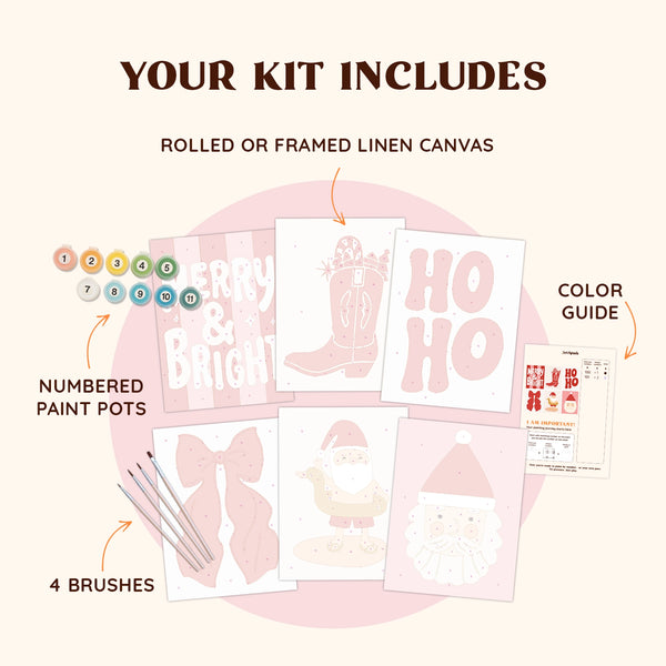 Artspark Santa Vibe paint by numbers kit with brushes, numbered paints, and color guide — retro-inspired pink and red Christmas art set for DIY festive decor.