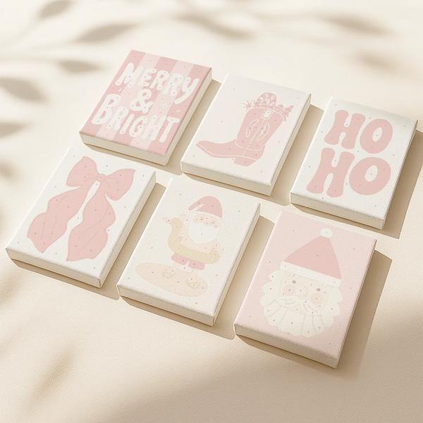 Santa Vibe paint by numbers set of 6 mini canvases by Artspark featuring cheerful pink and red Christmas designs like Santa, boots, ribbons, and festive lettering.