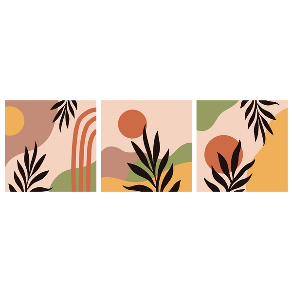 Minimalist abstract botanical triptych with earthy tones and leaves