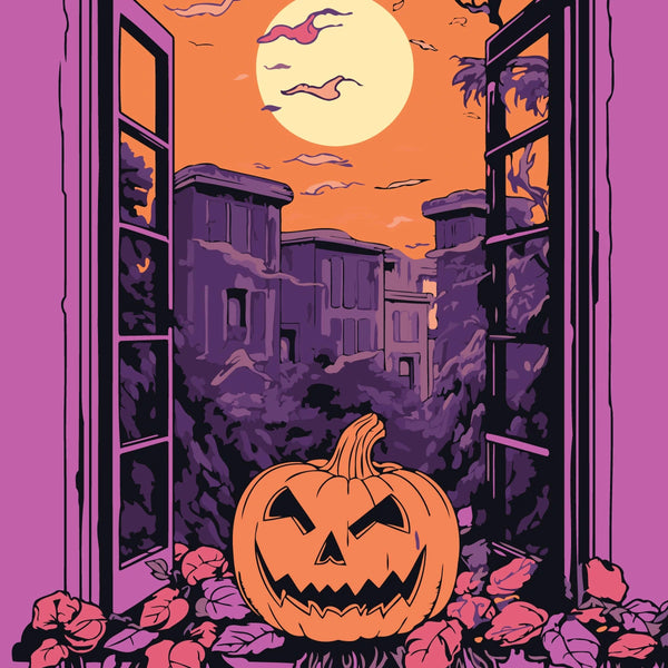 Halloween-themed painting with jack-o'-lantern, full moon, and spooky buildings
