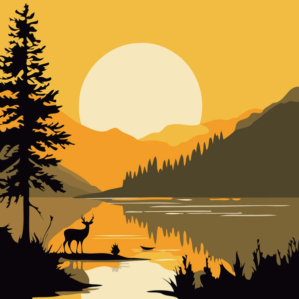Silhouette of a deer by a lake with sunset mountains