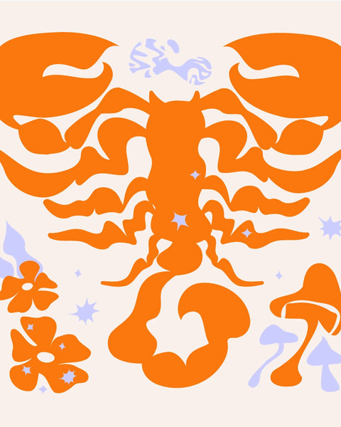 Abstract Scorpio zodiac sign with cosmic elements and mushrooms