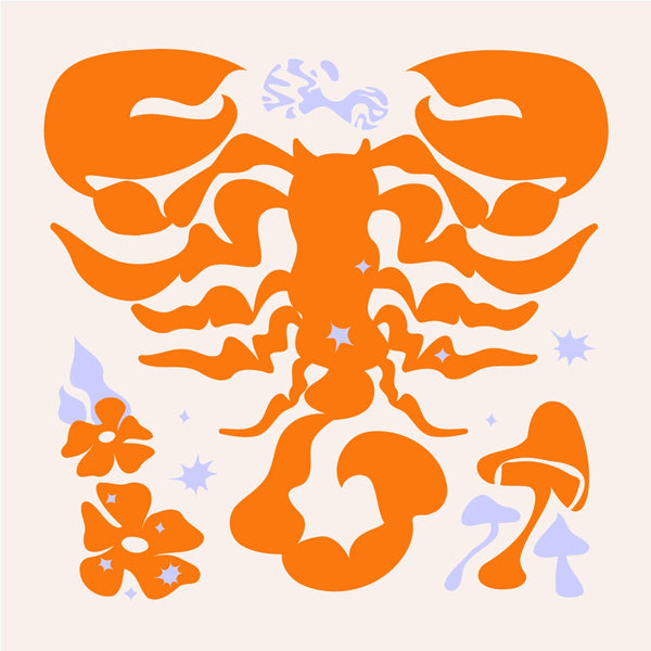 Abstract Scorpio zodiac sign with cosmic elements and mushrooms