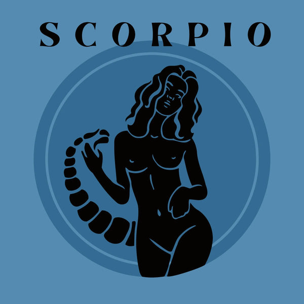 Minimalist Scorpio zodiac woman with a scorpion tail design