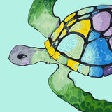 Stylized sea turtle with a multicolored mosaic shell in blues, yellows, and purples, swimming on a turquoise background. Design by Kalinina.