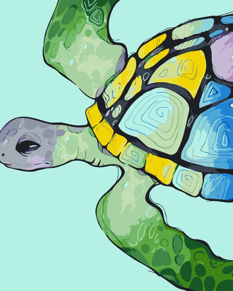 Stylized sea turtle with a multicolored mosaic shell in blues, yellows, and purples, swimming on a turquoise background. Design by Kalinina.