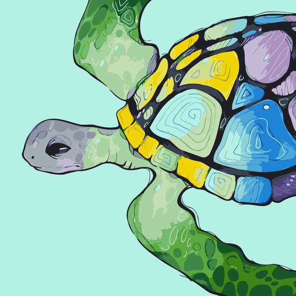 Stylized sea turtle with a multicolored mosaic shell in blues, yellows, and purples, swimming on a turquoise background. Design by Kalinina.
