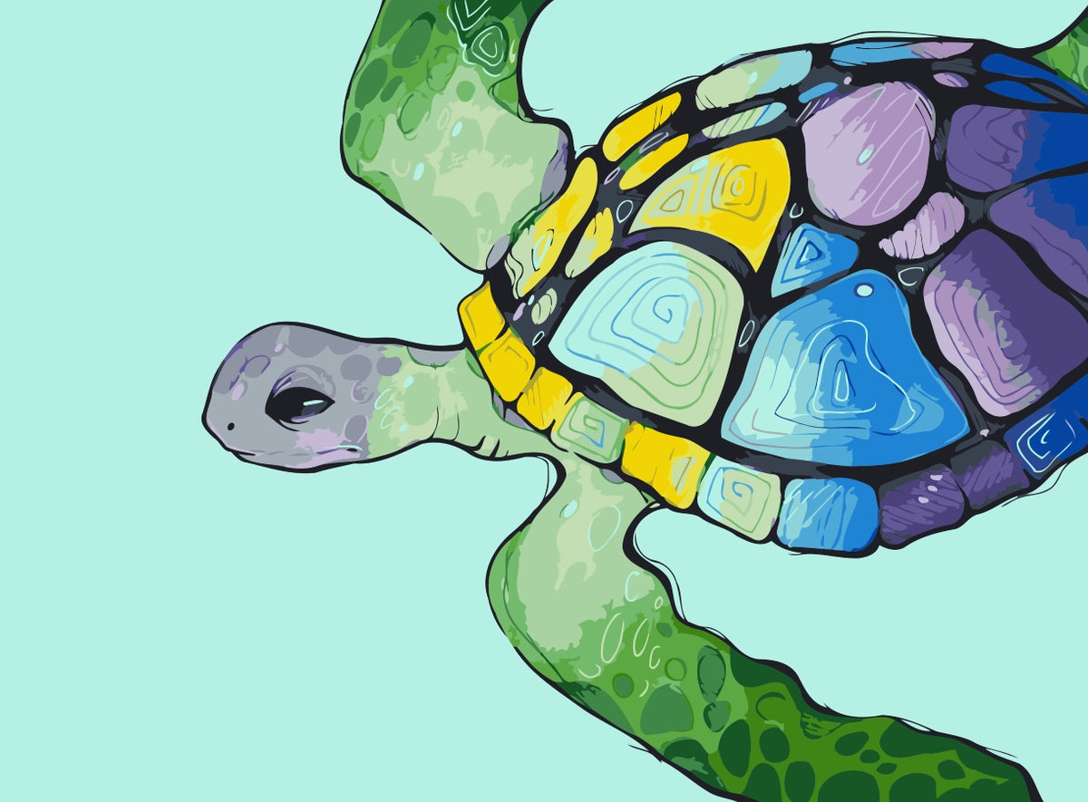 Stylized sea turtle with a multicolored mosaic shell in blues, yellows, and purples, swimming on a turquoise background. Design by Kalinina.