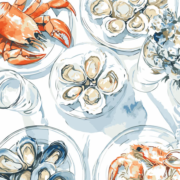 Elegant seafood platter with oysters, crab, and shellfish on plates
