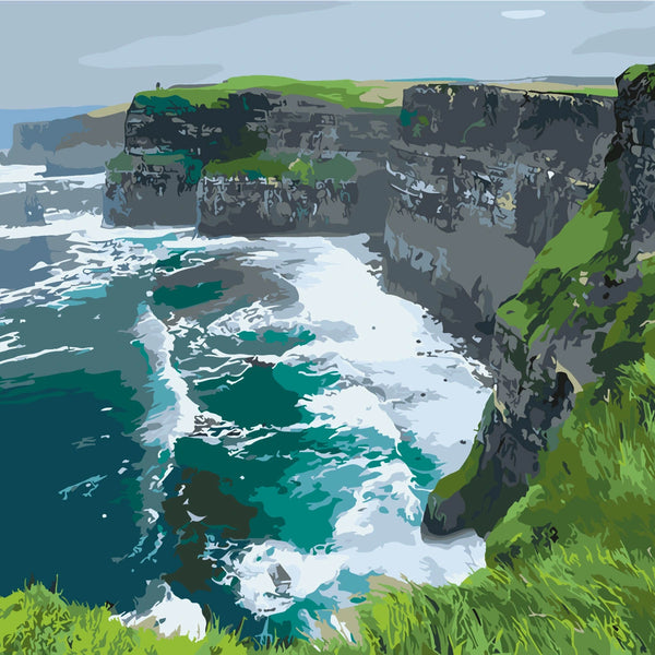 Cliffs overlooking the ocean with crashing waves and green hills painting