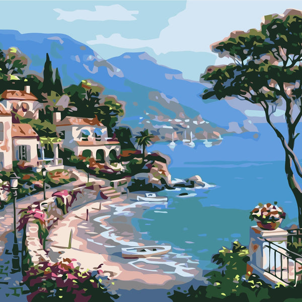 Coastal village painting with seaside villas, blue water, and boats