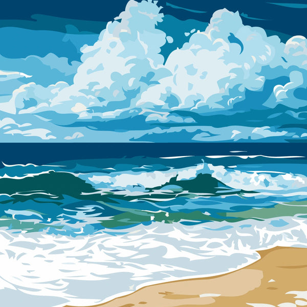 Waves crashing on a sandy beach under a cloudy sky