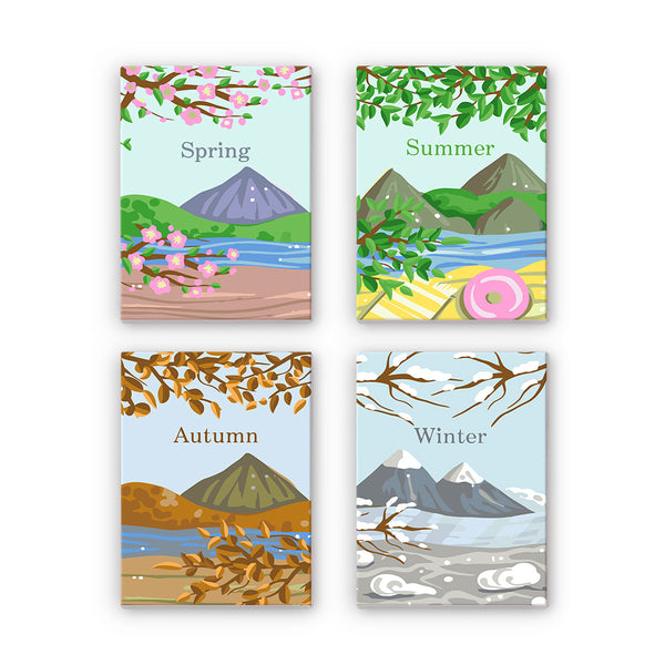 Completed Seasonscape paint by numbers set of 4 showcasing vibrant Spring, Summer, Autumn, and Winter scenes.