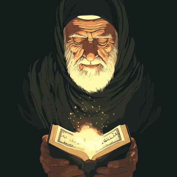 An elderly man dressed in dark robes holds an open, glowing book, his face illuminated by its golden light, symbolizing wisdom, faith, and spiritual enlightenment.