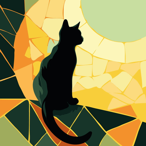 Silhouette of a black cat against a stained glass sunset