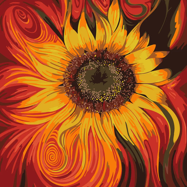 Vibrant abstract sunflower with swirling red and yellow patterns