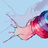 Stylized snail with a colorful spiral shell and splash trail in shades of blue, purple, and pink on a light blue background. Surreal design by Kalinina.
