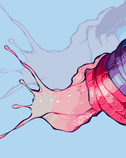 Stylized snail with a colorful spiral shell and splash trail in shades of blue, purple, and pink on a light blue background. Surreal design by Kalinina.