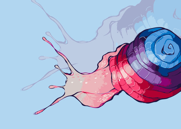 Stylized snail with a colorful spiral shell and splash trail in shades of blue, purple, and pink on a light blue background. Surreal design by Kalinina.