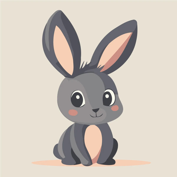 Cute cartoon-style gray bunny with big ears and rosy cheeks