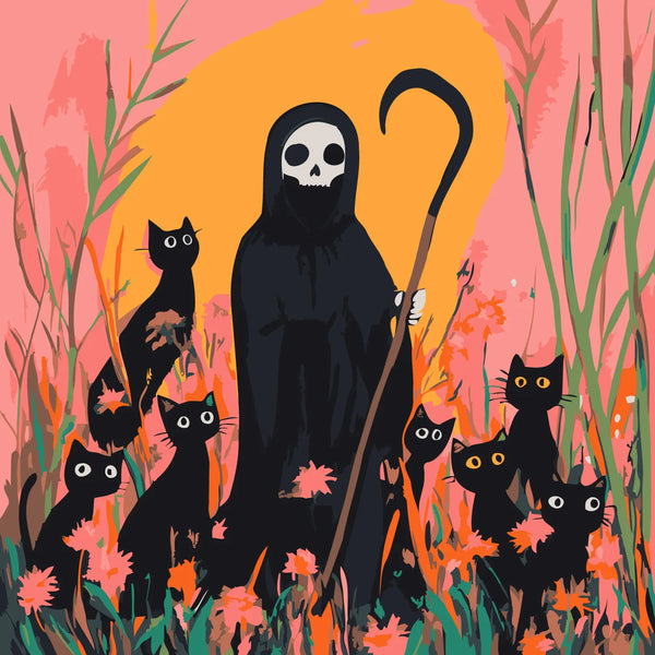 Grim Reaper with black cats in a colorful surreal landscape