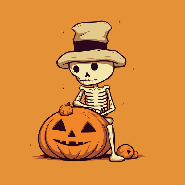 Cute skeleton in a hat sitting with a carved pumpkin