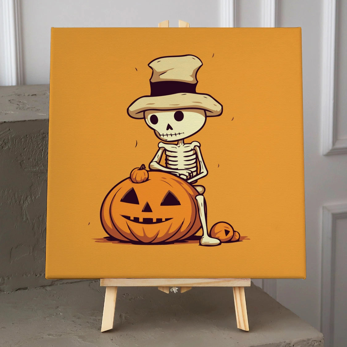 Cute skeleton in a hat sitting with a carved pumpkin