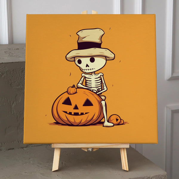 Cute skeleton in a hat sitting with a carved pumpkin