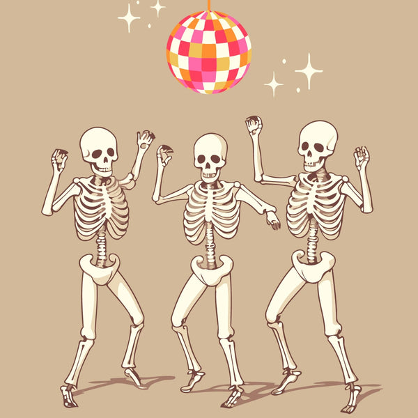 Three dancing skeletons under a disco ball with sparkling lights