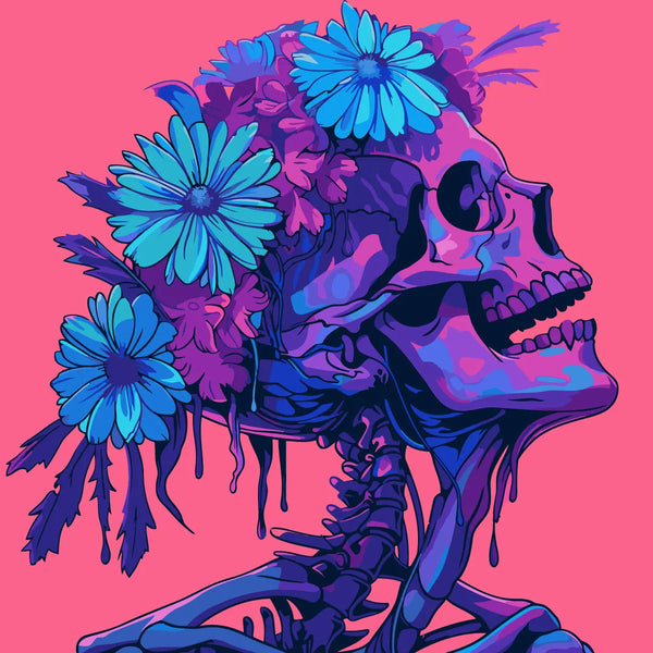 Colorful skull with vibrant flowers on head against pink background