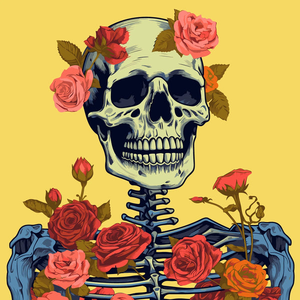 Skull adorned with vibrant roses on a yellow background