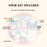 Artspark Ski Dreams paint by numbers kit with brushes, numbered paints, and color guide — alpine-inspired art set for ski lovers and winter decor.