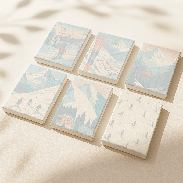 Ski Dreams paint by numbers set of 6 mini canvases by Artspark featuring vintage ski and mountain scenes ready to paint in cozy alpine style.