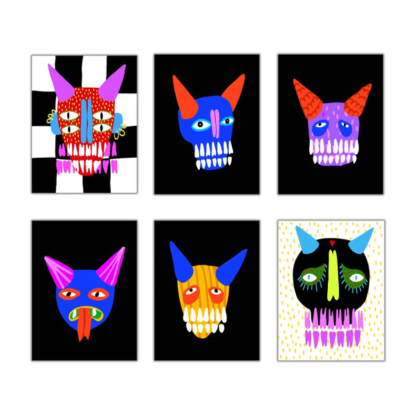 Set of six colorful mini skull illustrations with horns and expressive faces on black and white backgrounds – quirky and bold paint by numbers bundle.