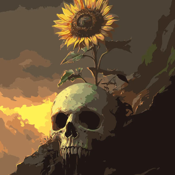 Sunflower growing from a skull against a golden sky, featured in the Skullflower paint by numbers kit.