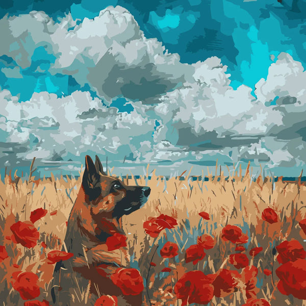 German shepherd in a field of red poppies under cloudy sky