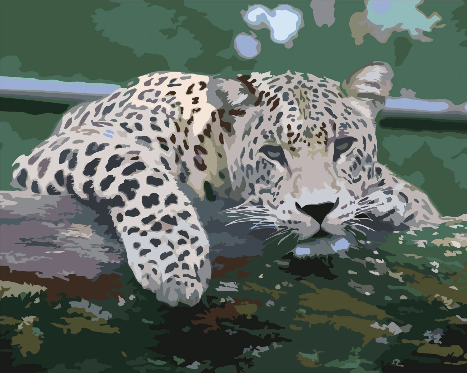 Jaguar resting on a tree branch with green forest background painting