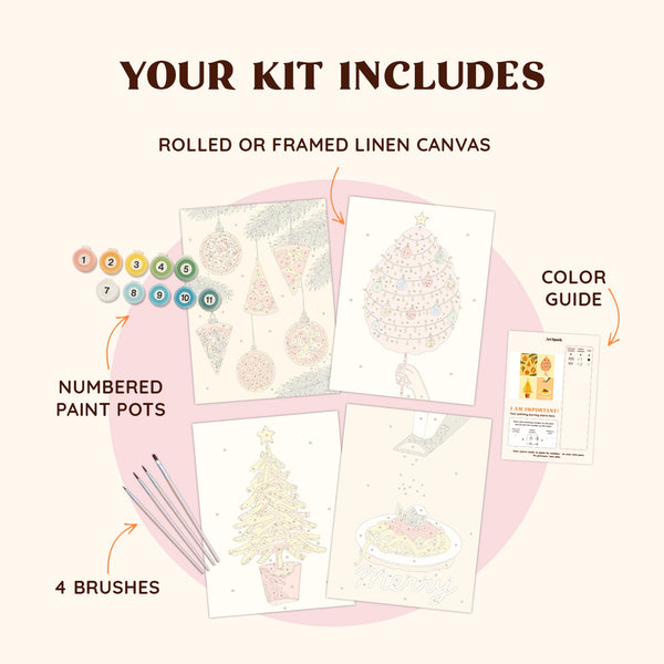 Artspark Snackmas paint by numbers kit with brushes, numbered paints, and color guide — funny food-themed Christmas art project combining pizza, fries, and holiday cheer.