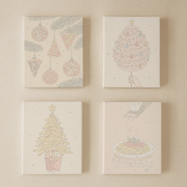 Snackmas paint by numbers set of 4 mini canvases by Artspark featuring quirky Christmas food art — pizza ornaments, pasta plate, and fry tree ready to paint for fun festive decor.
