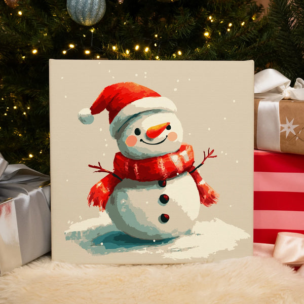 Completed Snow Smile paint by numbers artwork showing a cheerful snowman with a red scarf and hat, perfect for holiday décor.