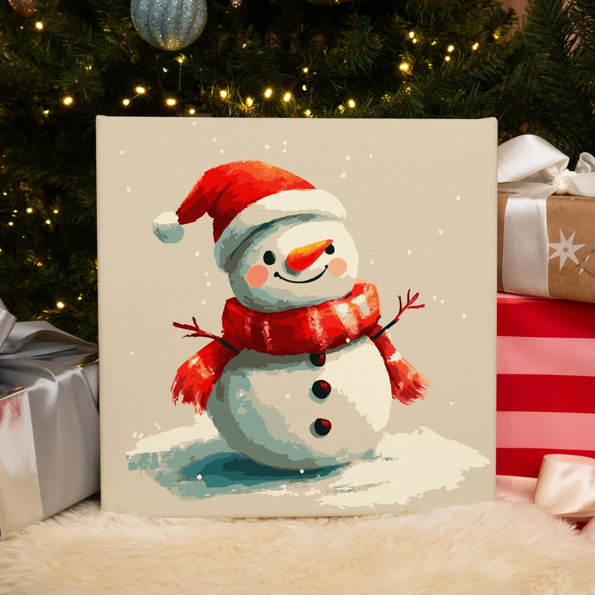 Completed Snow Smile paint by numbers artwork showing a cheerful snowman with a red scarf and hat, perfect for holiday décor.