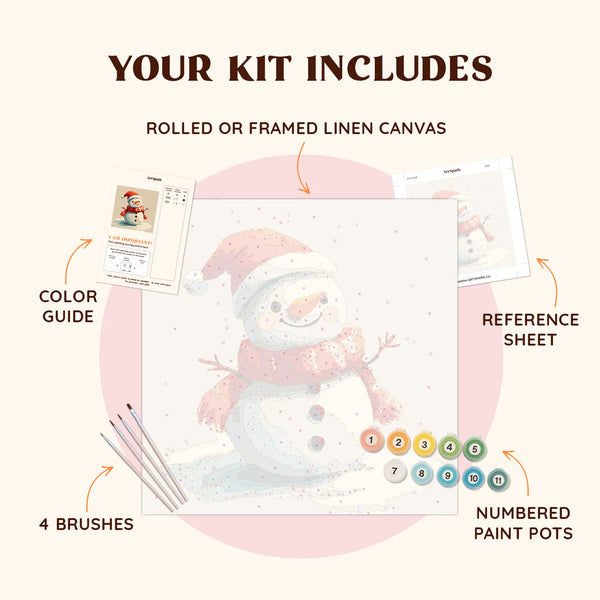 Snow Smile paint by numbers kit including pre-numbered canvas, brushes, and paints for a festive winter art project.