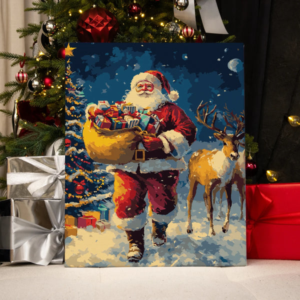 Completed Snowy Night paint by numbers artwork showing Santa Claus with gifts and a reindeer under a snowy Christmas sky.