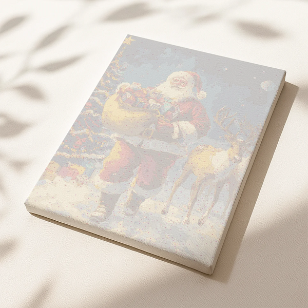 Snowy Night paint by numbers canvas featuring Santa Claus with a reindeer carrying gifts on a snowy Christmas night.