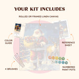 Snowy Night paint by numbers kit including pre-numbered canvas, brushes, and paints featuring Santa and reindeer design.