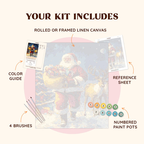 Snowy Night paint by numbers kit including pre-numbered canvas, brushes, and paints featuring Santa and reindeer design.